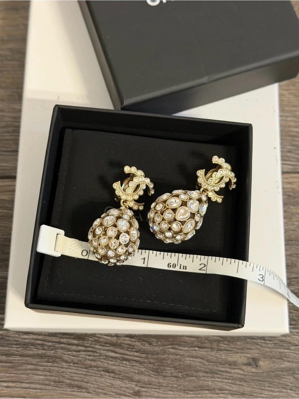 CHANEL Gold and Silver Crystal CC Teardrop Clip On Dangle Earrings